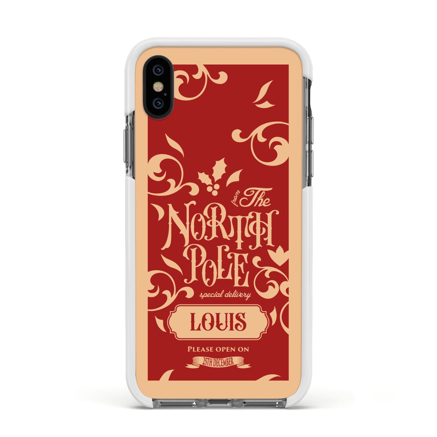 Personalised Red North Pole Apple iPhone Xs Impact Case White Edge on Black Phone