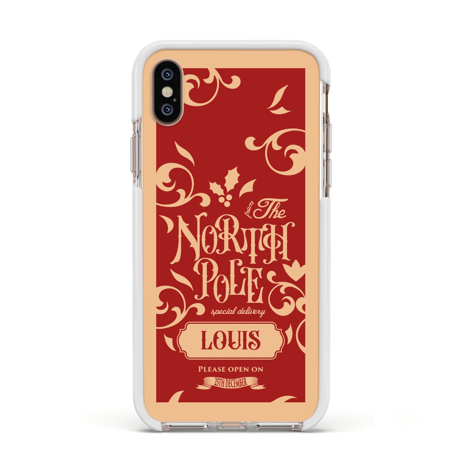 Personalised Red North Pole Apple iPhone Xs Impact Case White Edge on Gold Phone