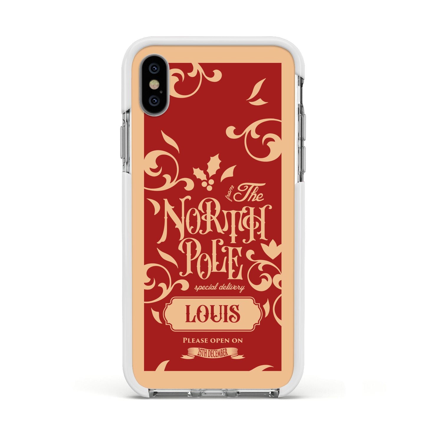 Personalised Red North Pole Apple iPhone Xs Impact Case White Edge on Silver Phone