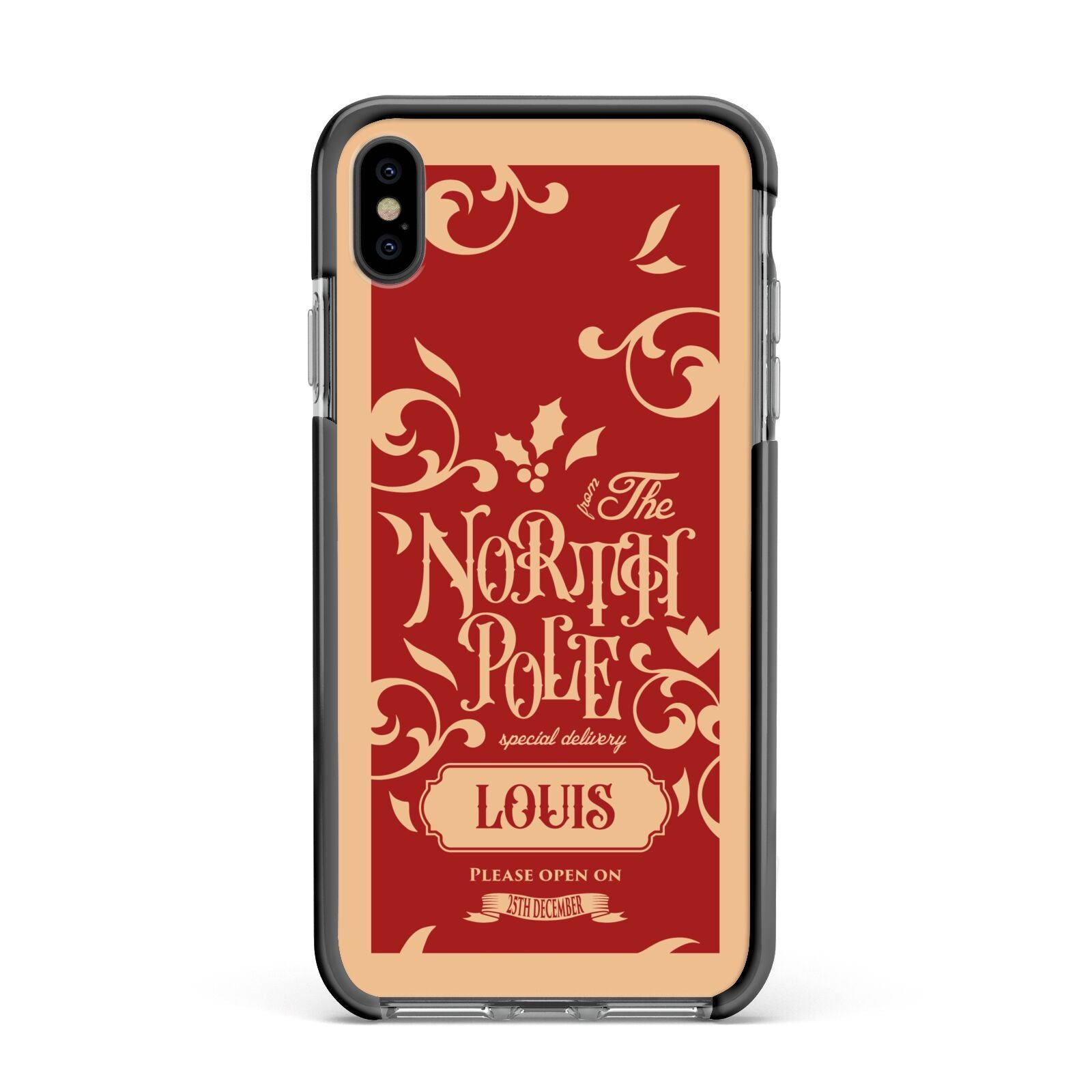 Personalised Red North Pole Apple iPhone Xs Max Impact Case Black Edge on Black Phone