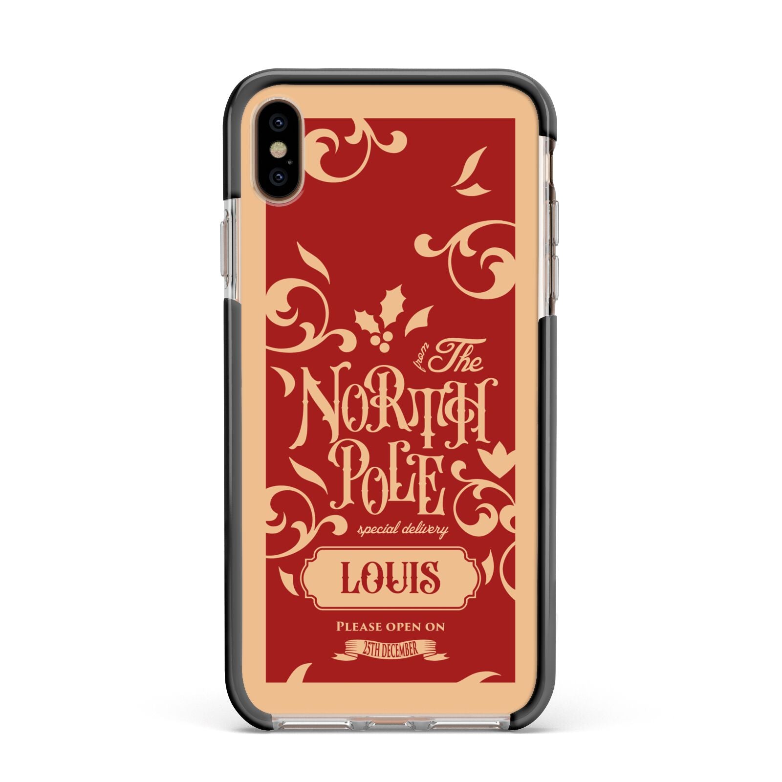 Personalised Red North Pole Apple iPhone Xs Max Impact Case Black Edge on Gold Phone