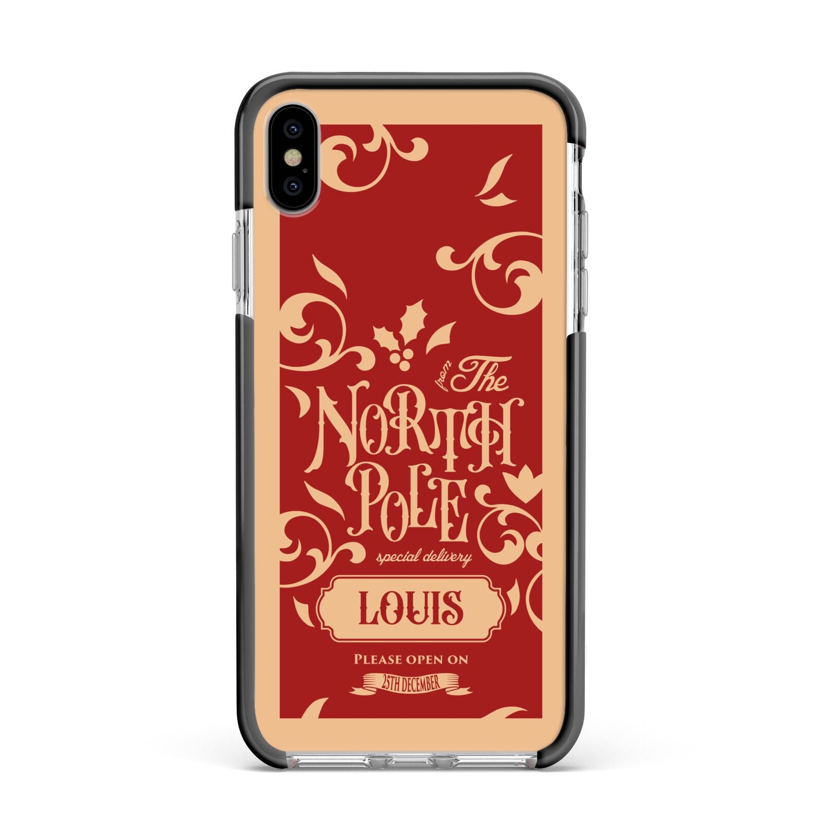 Personalised Red North Pole Apple iPhone Xs Max Impact Case Black Edge on Silver Phone