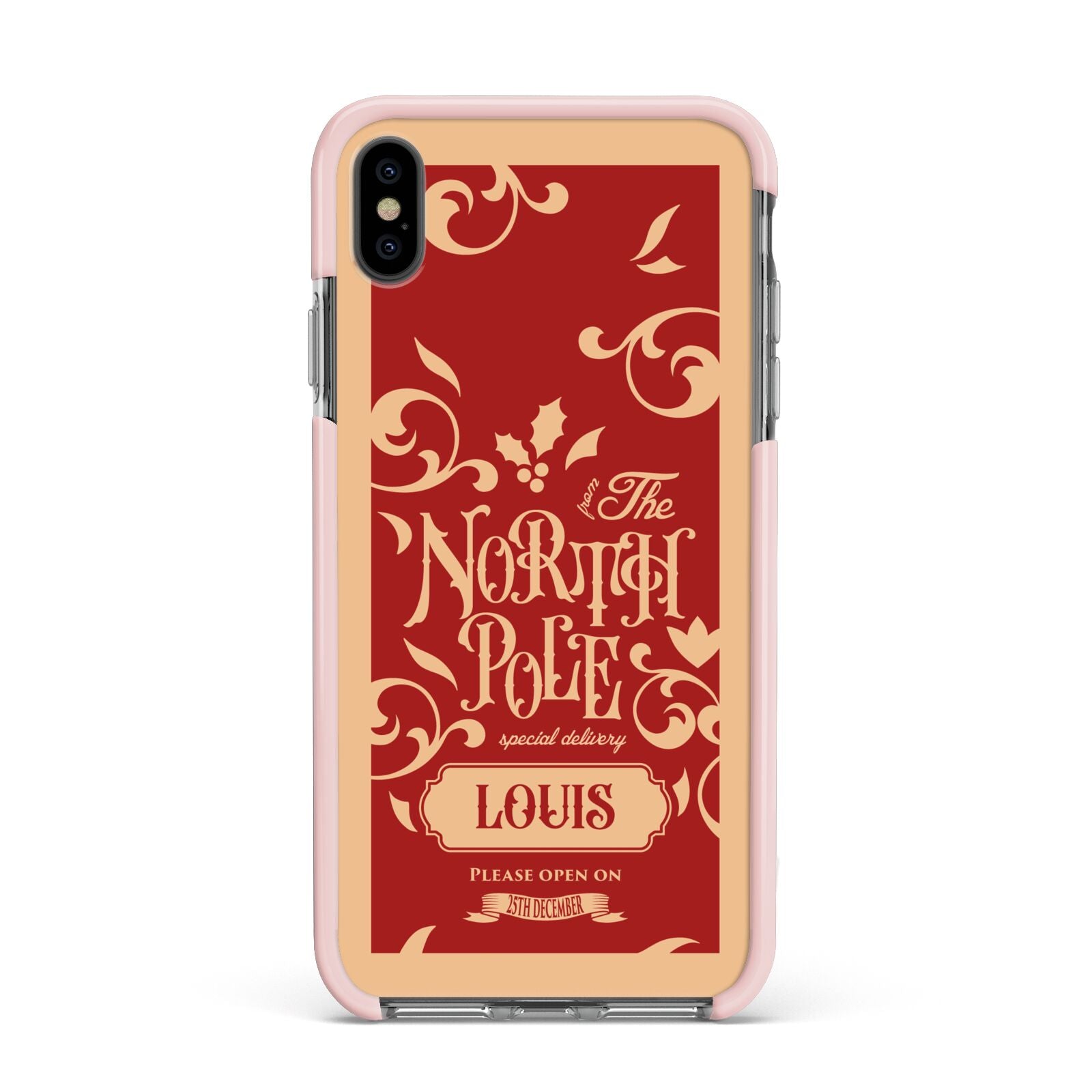 Personalised Red North Pole Apple iPhone Xs Max Impact Case Pink Edge on Black Phone