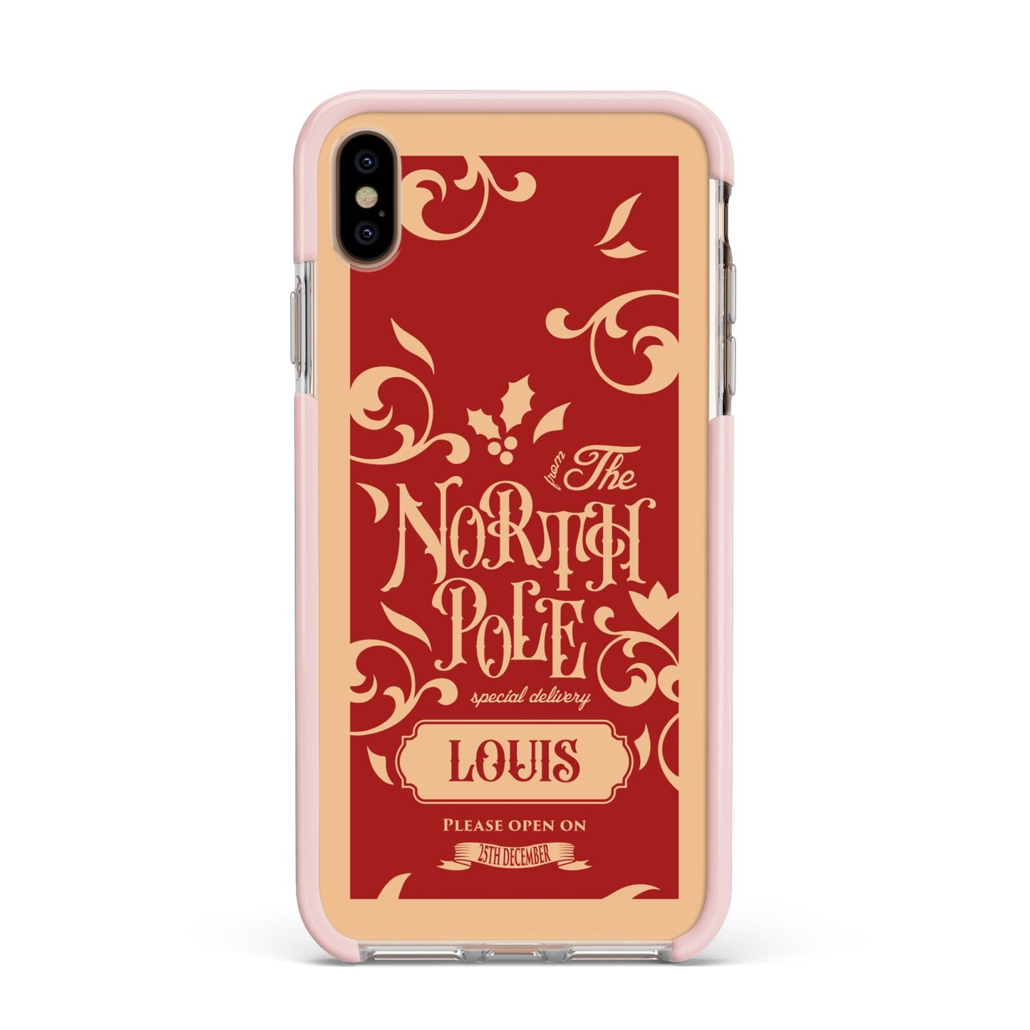 Personalised Red North Pole Apple iPhone Xs Max Impact Case Pink Edge on Gold Phone