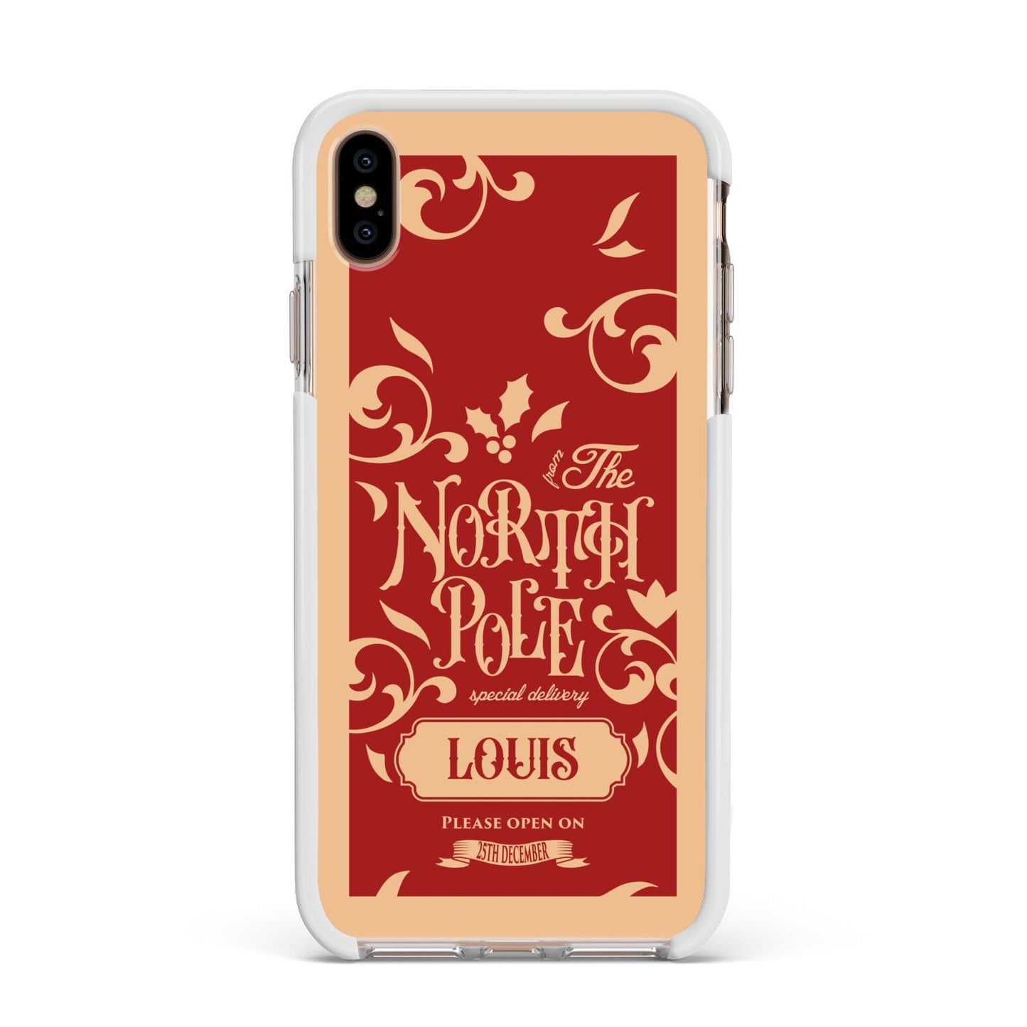 Personalised Red North Pole Apple iPhone Xs Max Impact Case White Edge on Gold Phone