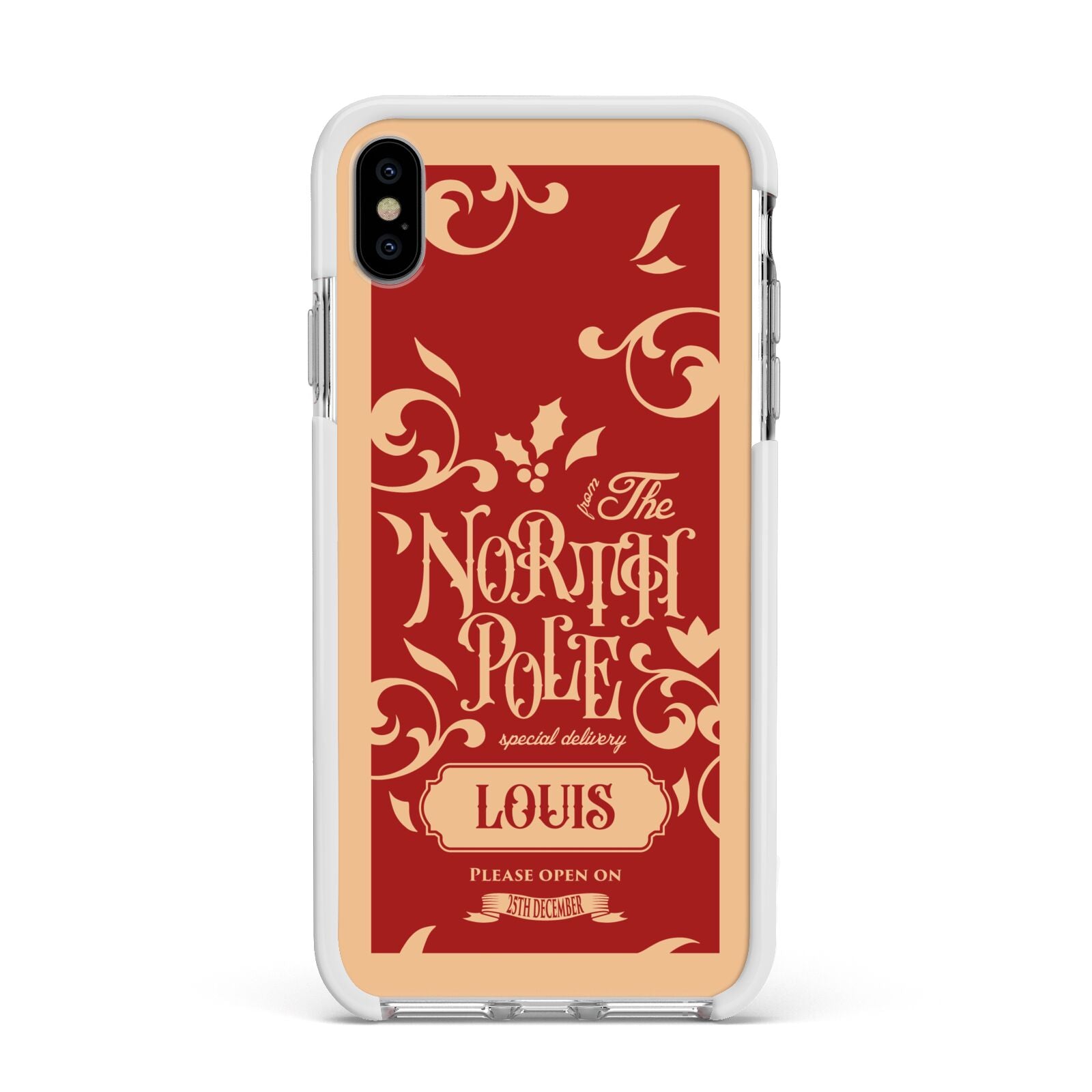 Personalised Red North Pole Apple iPhone Xs Max Impact Case White Edge on Silver Phone