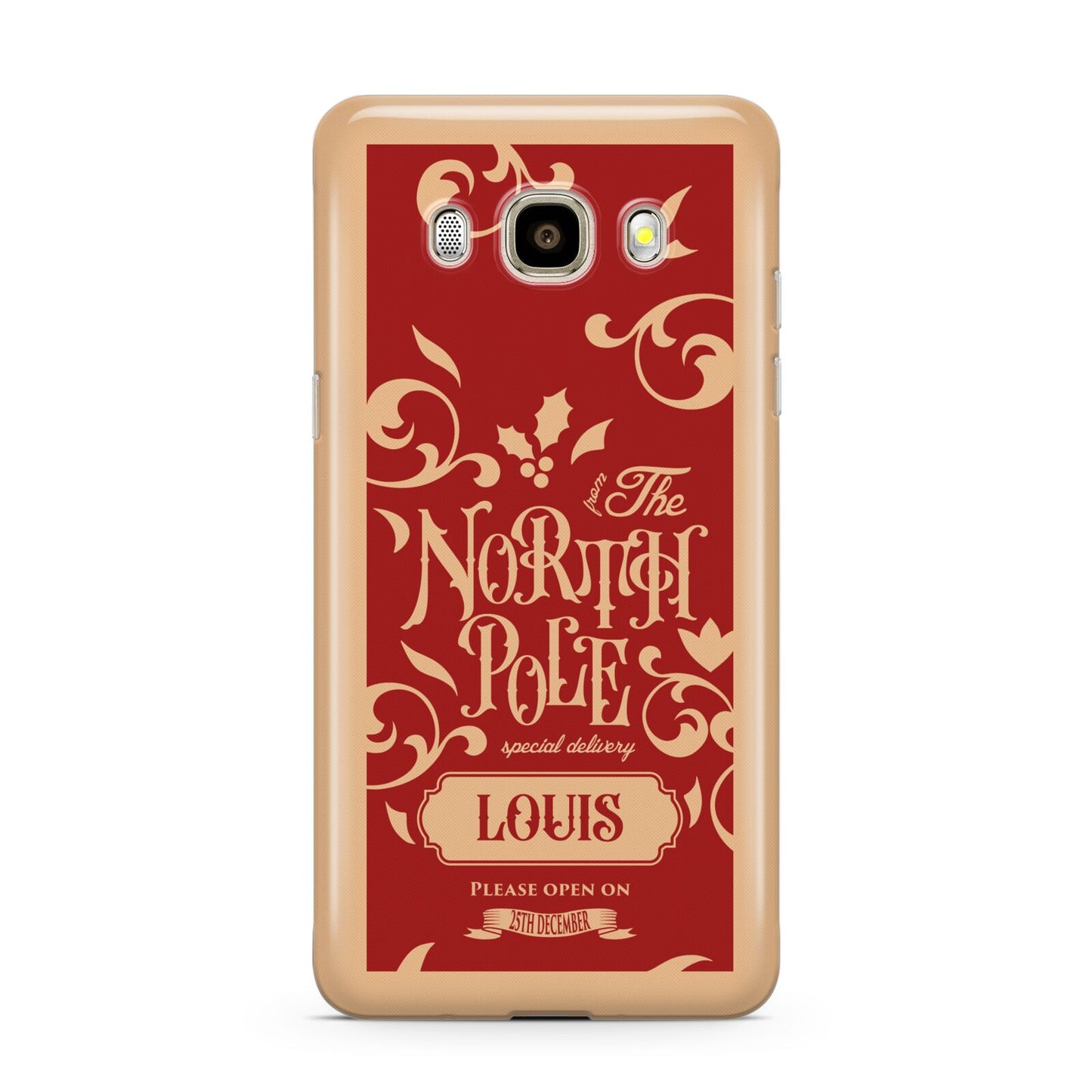 Personalised Red North Pole Samsung Galaxy J7 2016 Case on gold phone