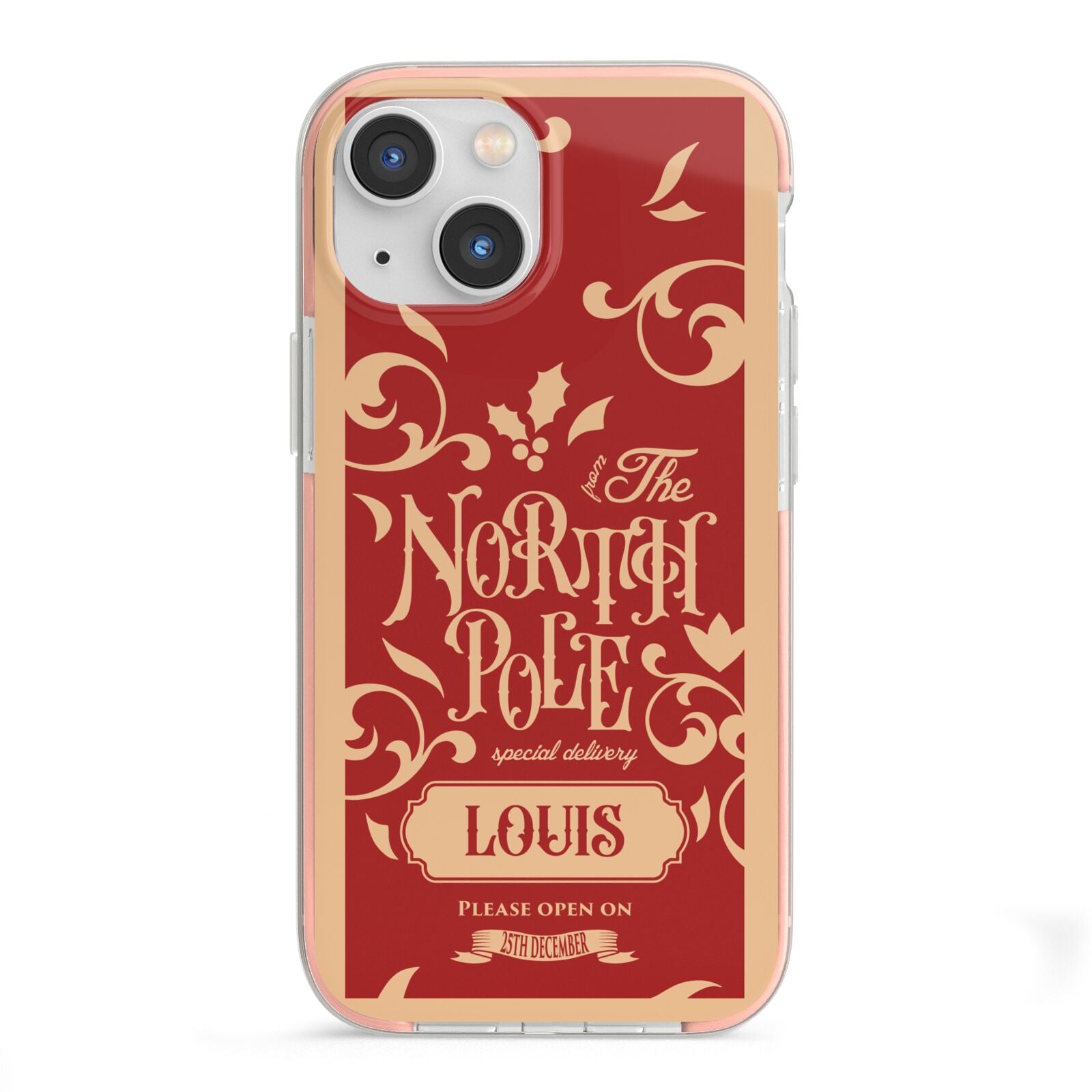 Personalised Red North Pole iPhone 13 Mini TPU Impact Case with Pink Edges