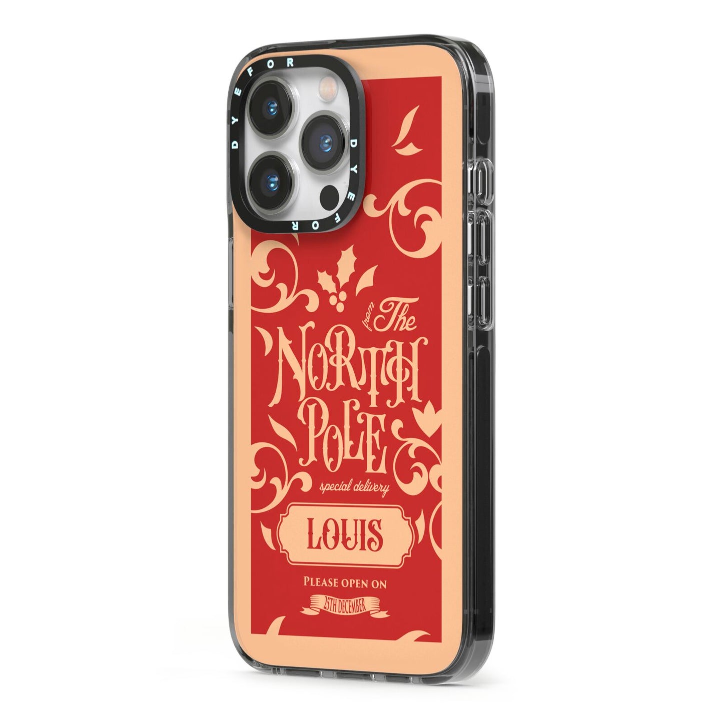 Personalised Red North Pole iPhone 13 Pro Black Impact Case Side Angle on Silver phone