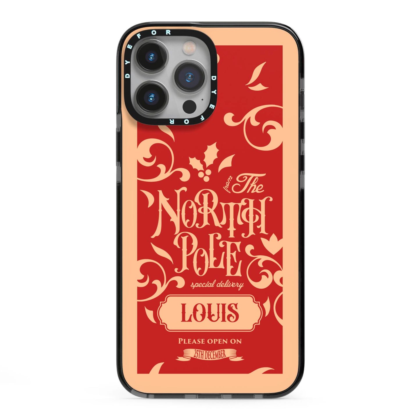 Personalised Red North Pole iPhone 13 Pro Max Black Impact Case on Silver phone