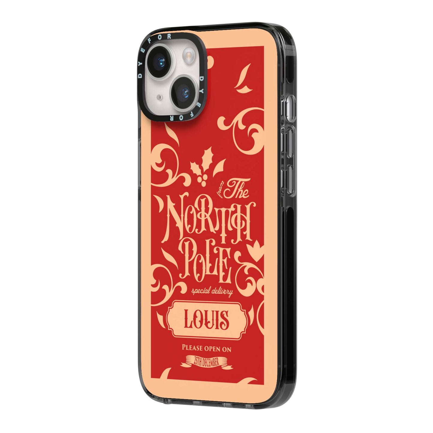 Personalised Red North Pole iPhone 14 Black Impact Case Side Angle on Silver phone