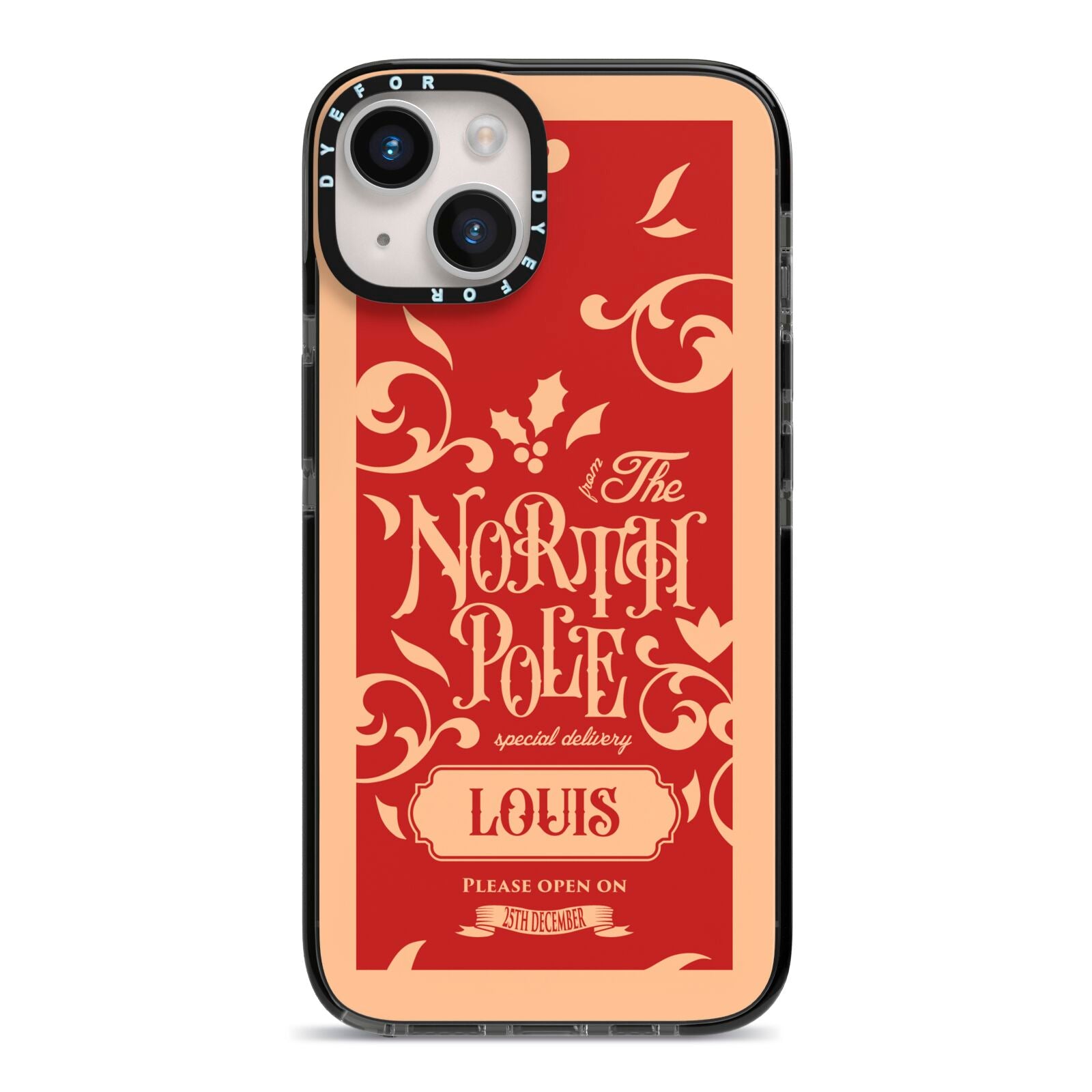 Personalised Red North Pole iPhone 14 Black Impact Case on Silver phone