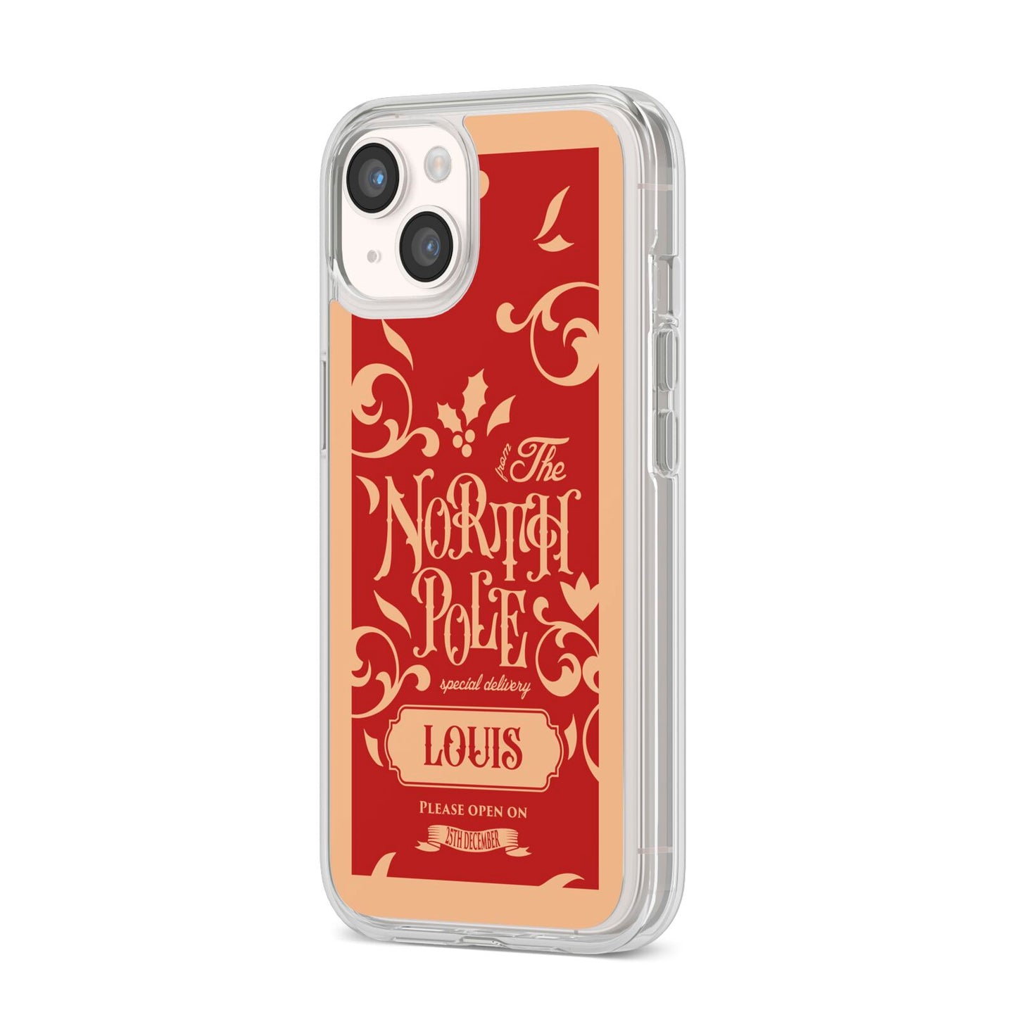 Personalised Red North Pole iPhone 14 Clear Tough Case Starlight Angled Image