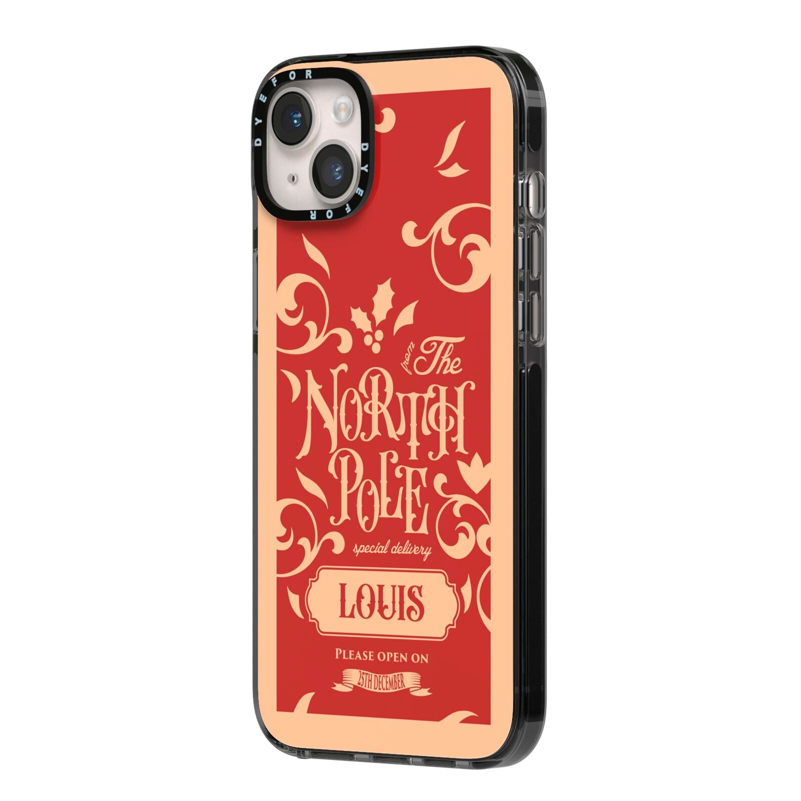 Personalised Red North Pole iPhone 14 Plus Black Impact Case Side Angle on Silver phone