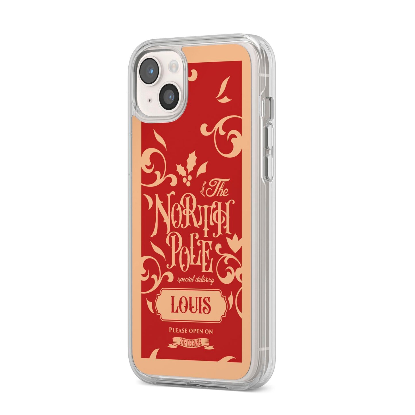 Personalised Red North Pole iPhone 14 Plus Clear Tough Case Starlight Angled Image