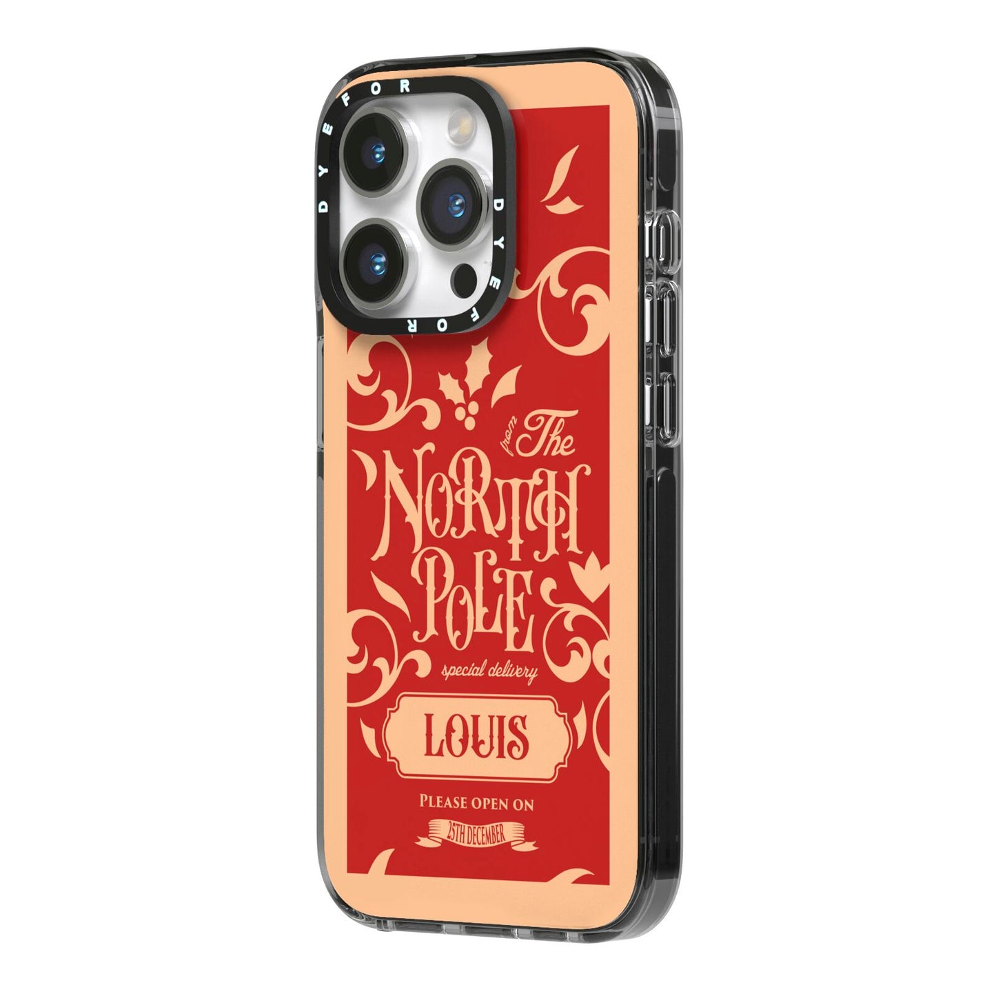 Personalised Red North Pole iPhone 14 Pro Black Impact Case Side Angle on Silver phone