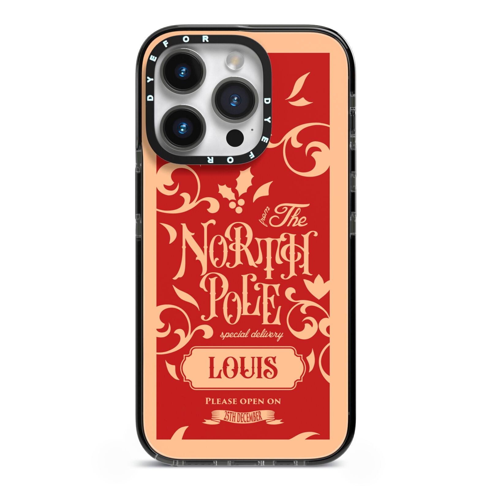 Personalised Red North Pole iPhone 14 Pro Black Impact Case on Silver phone