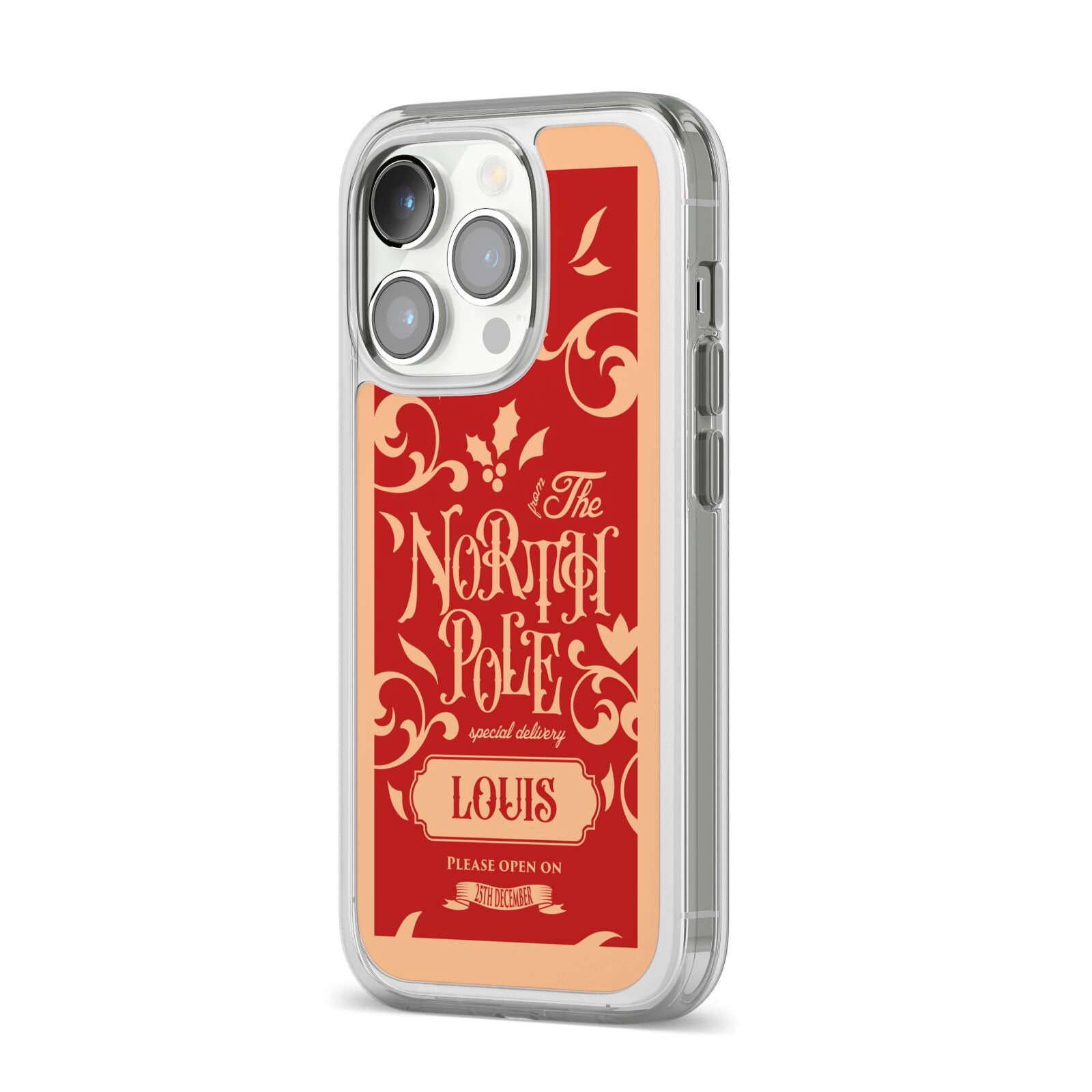 Personalised Red North Pole iPhone 14 Pro Clear Tough Case Silver Angled Image