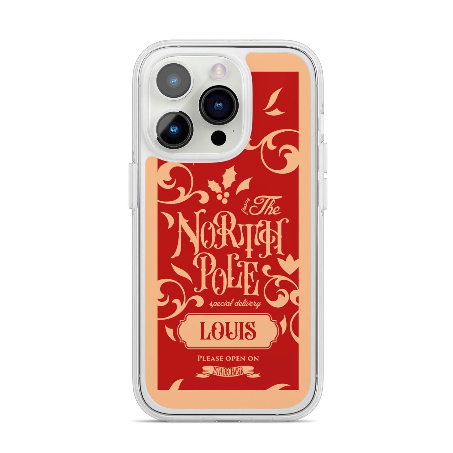 Personalised Red North Pole iPhone 14 Pro Clear Tough Case Silver