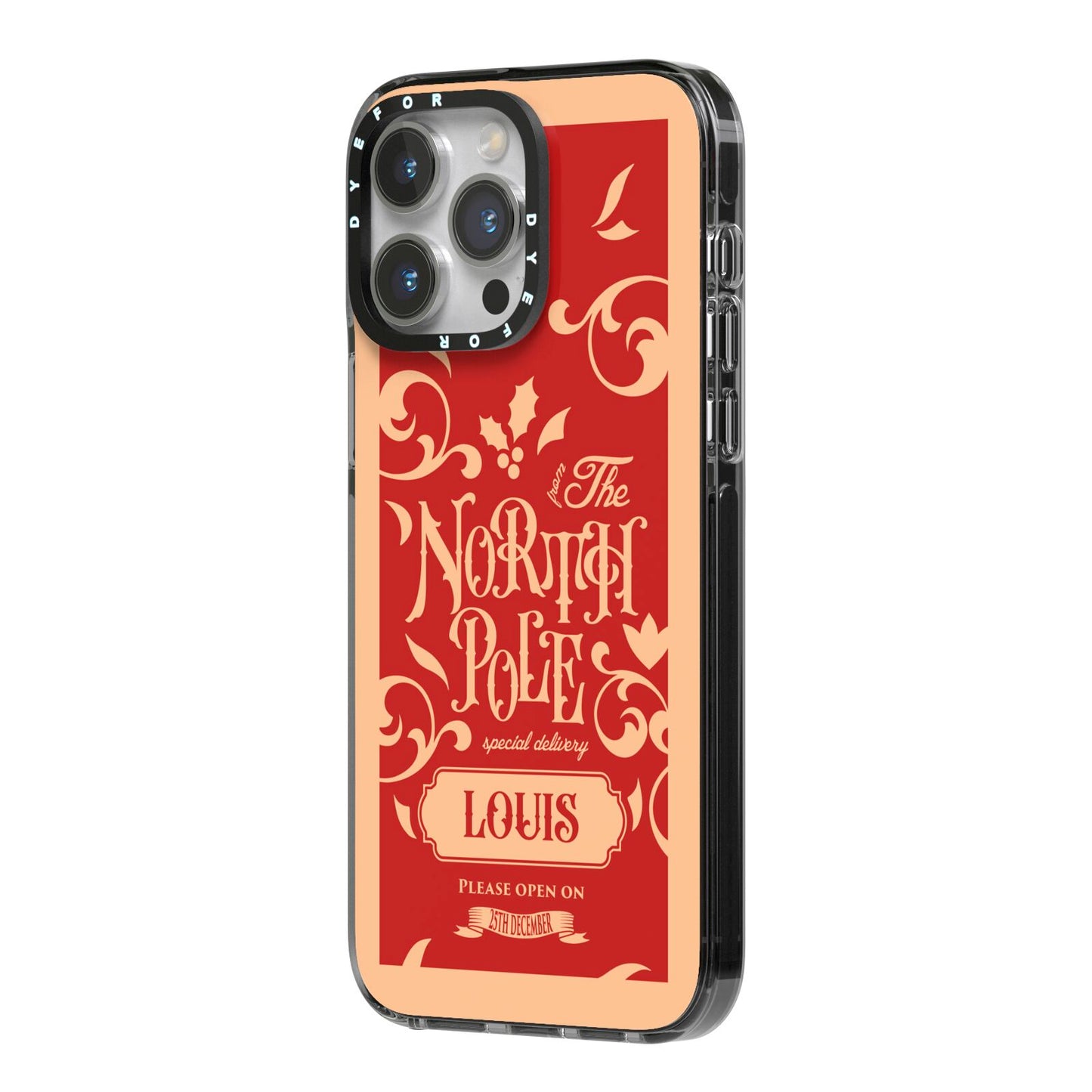 Personalised Red North Pole iPhone 14 Pro Max Black Impact Case Side Angle on Silver phone