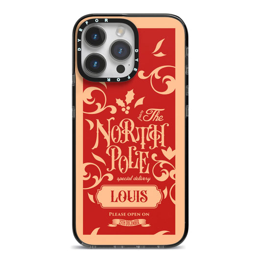 Personalised Red North Pole iPhone 14 Pro Max Black Impact Case on Silver phone