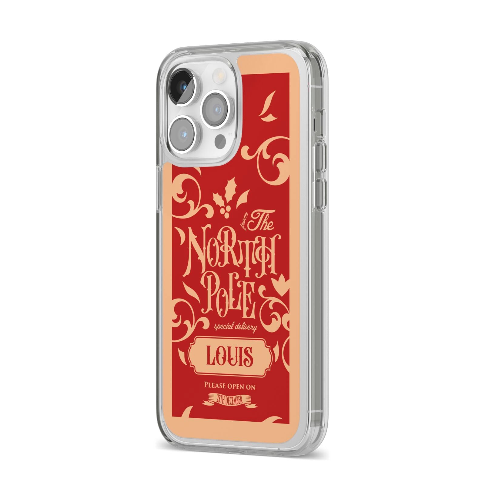 Personalised Red North Pole iPhone 14 Pro Max Clear Tough Case Silver Angled Image