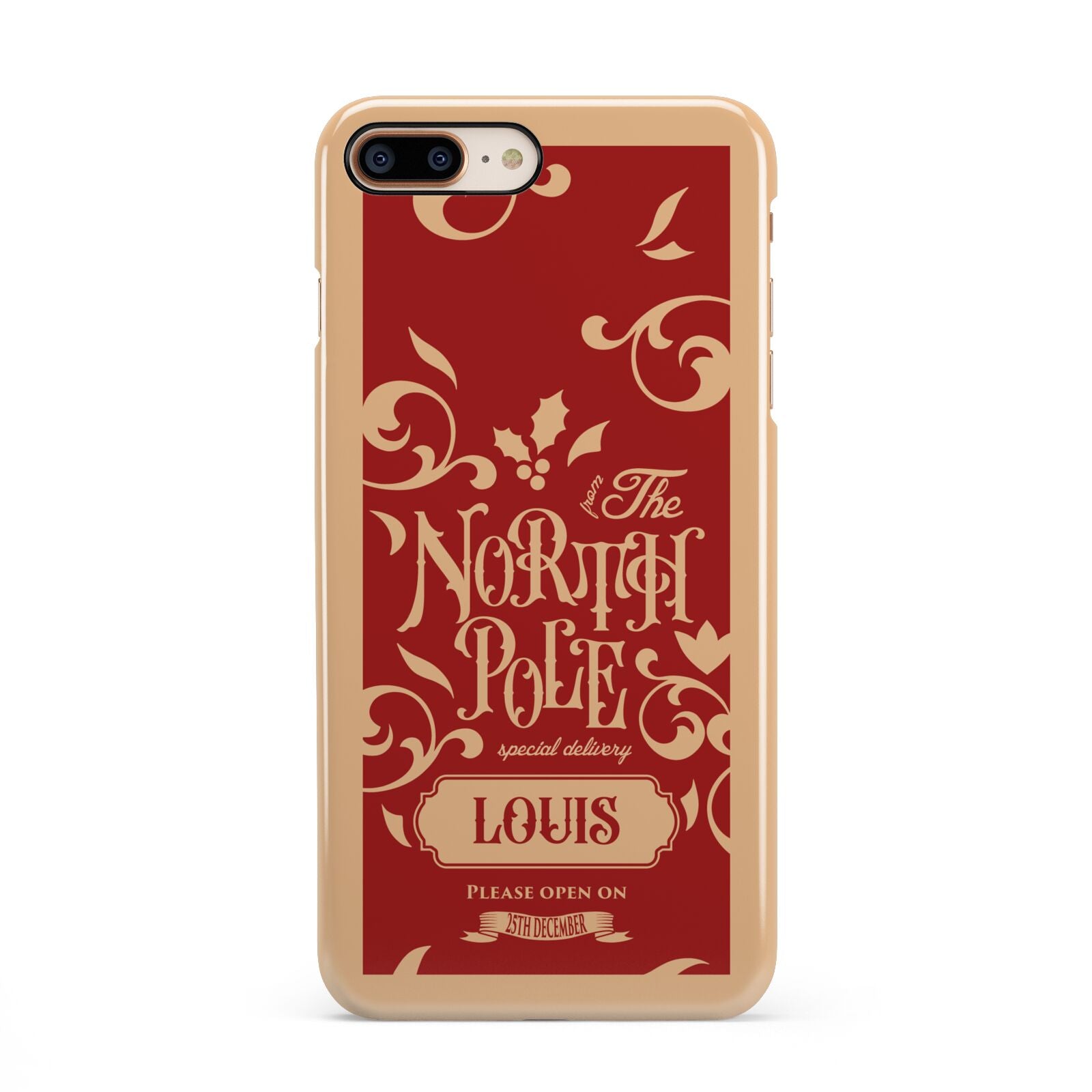 Personalised Red North Pole iPhone 8 Plus 3D Snap Case on Gold Phone