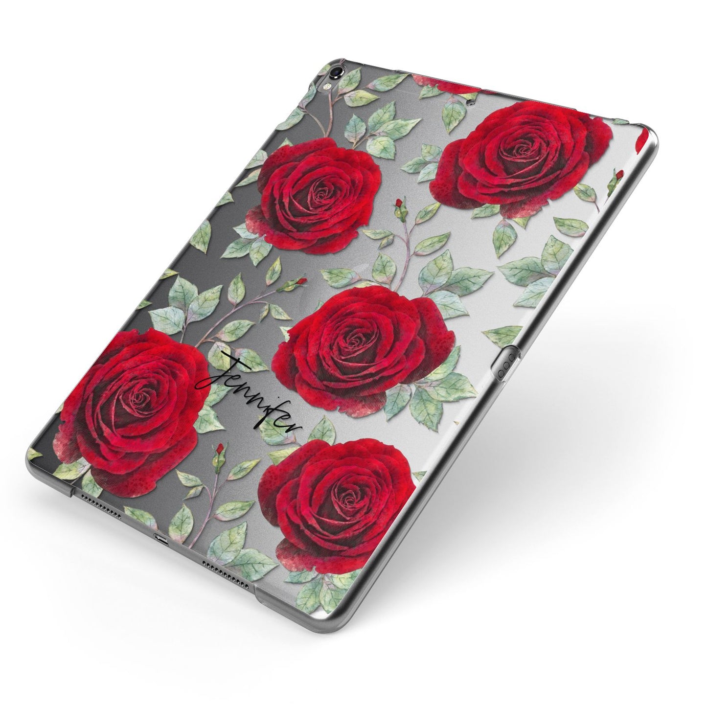 Personalised Red Roses Apple iPad Case on Grey iPad Side View