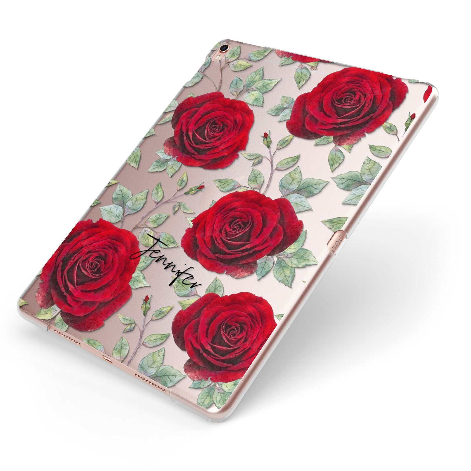 Personalised Red Roses Apple iPad Case on Rose Gold iPad Side View