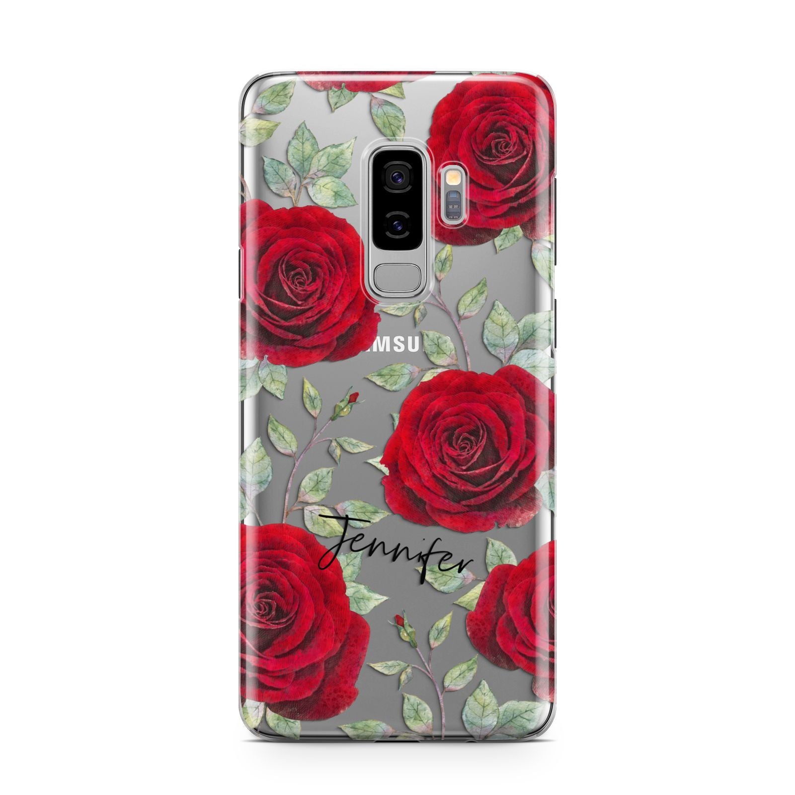 Personalised Red Roses Samsung Galaxy S9 Plus Case on Silver phone