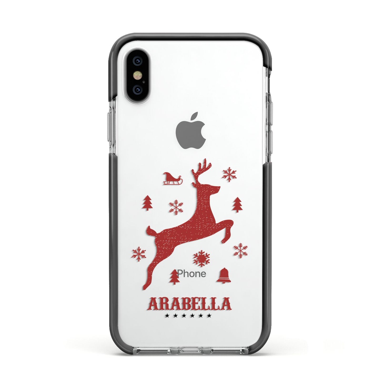 Personalised Reindeer Apple iPhone Xs Impact Case Black Edge on Silver Phone