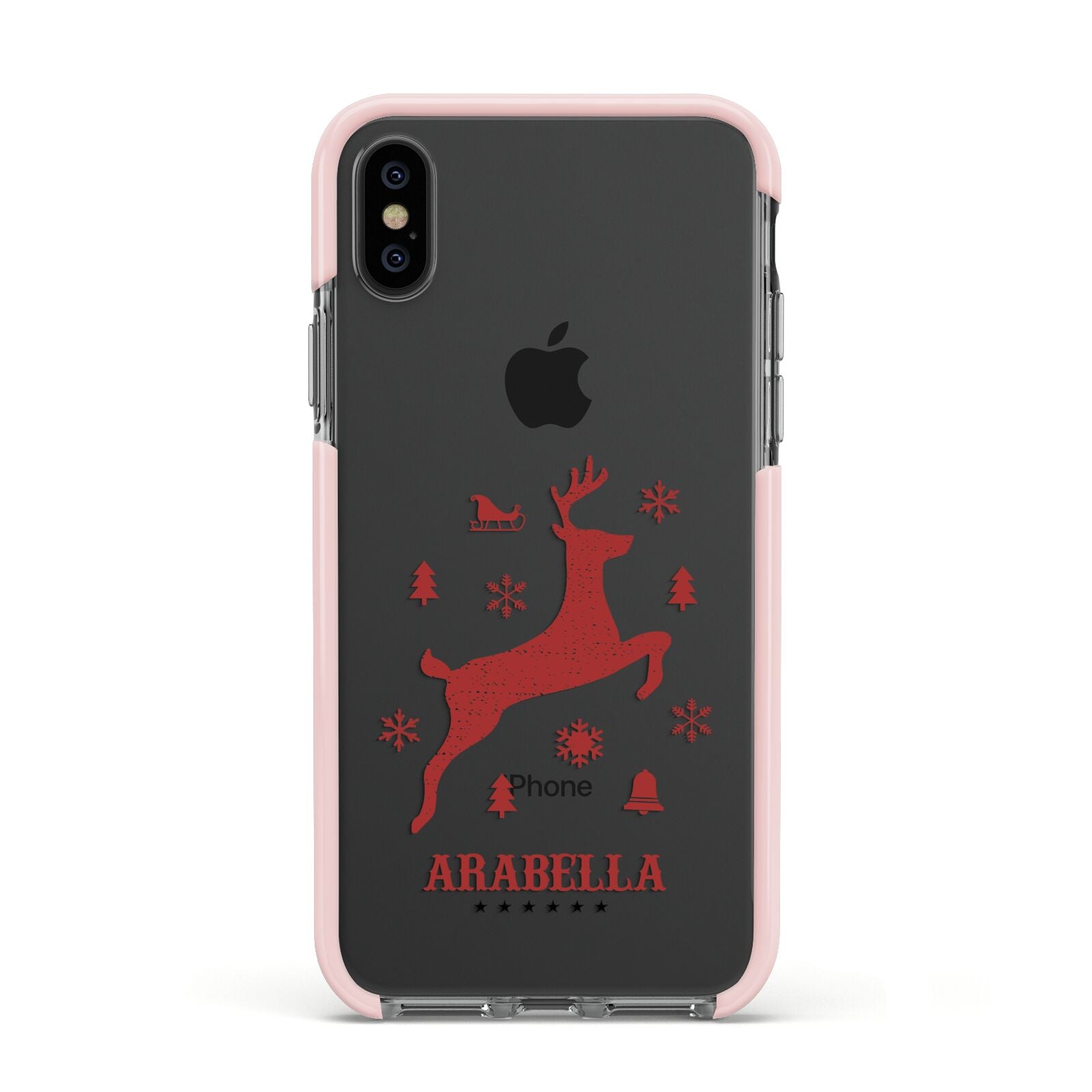 Personalised Reindeer Apple iPhone Xs Impact Case Pink Edge on Black Phone