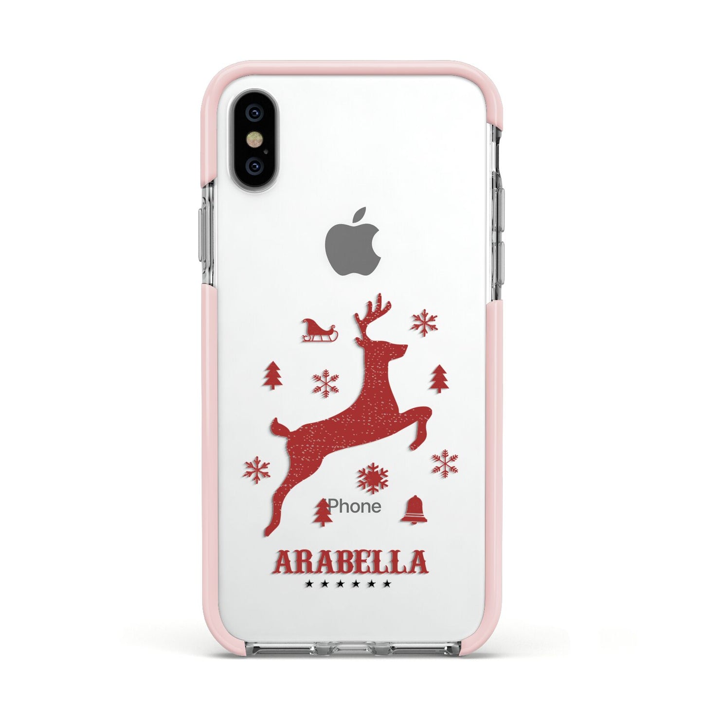 Personalised Reindeer Apple iPhone Xs Impact Case Pink Edge on Silver Phone