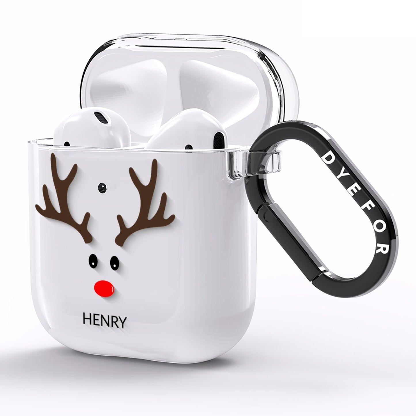 Personalised Reindeer Face AirPods Clear Case Side Image