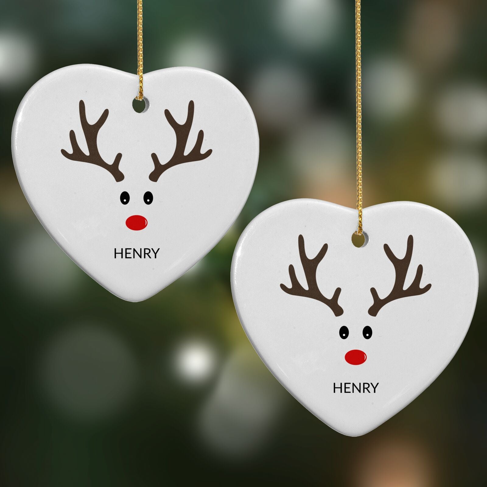 Personalised Reindeer Face Heart Decoration on Christmas Background