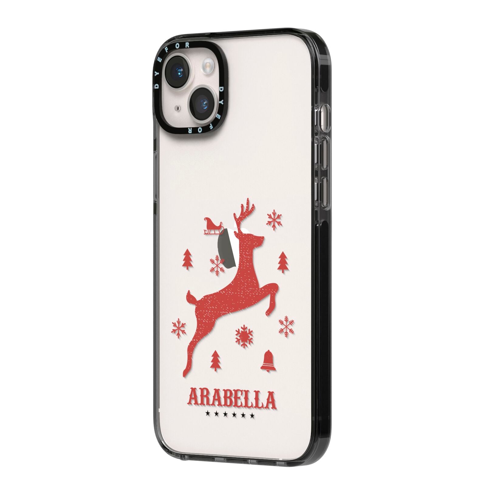 Personalised Reindeer iPhone 14 Plus Black Impact Case Side Angle on Silver phone