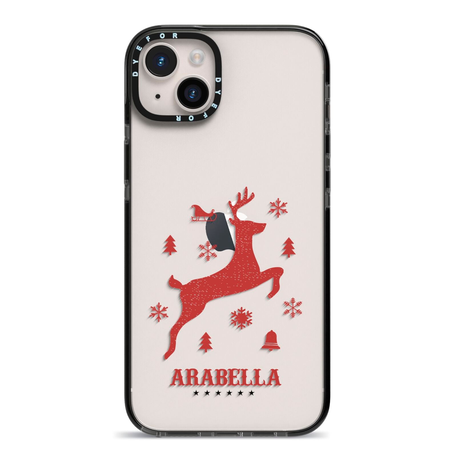 Personalised Reindeer iPhone 14 Plus Black Impact Case on Silver phone