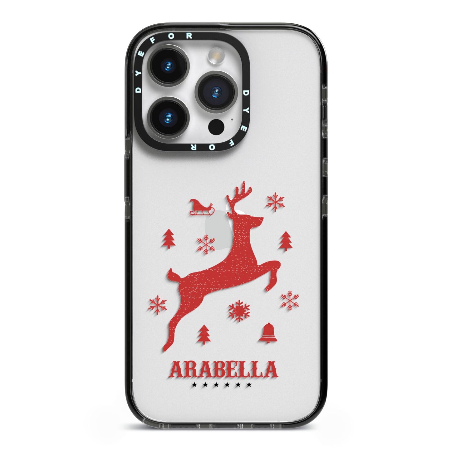 Personalised Reindeer iPhone 14 Pro Black Impact Case on Silver phone