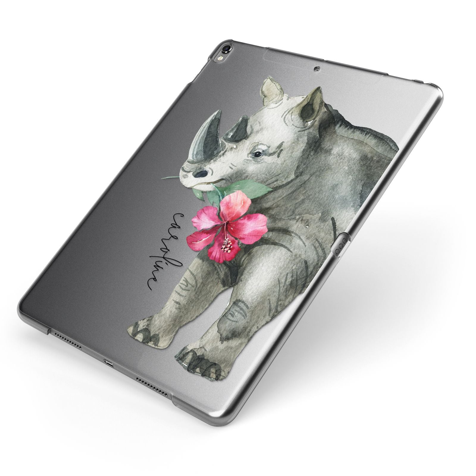 Personalised Rhinoceros Apple iPad Case on Grey iPad Side View