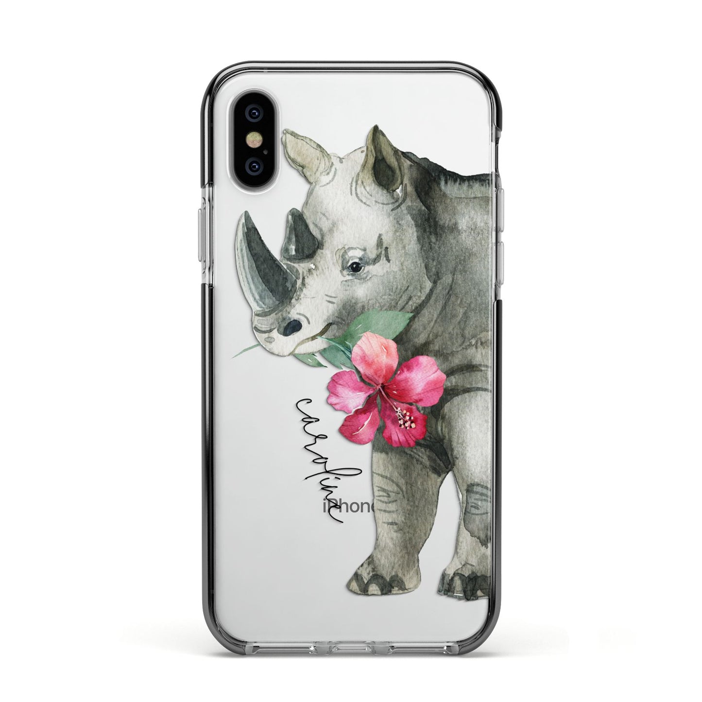 Personalised Rhinoceros Apple iPhone Xs Impact Case Black Edge on Silver Phone