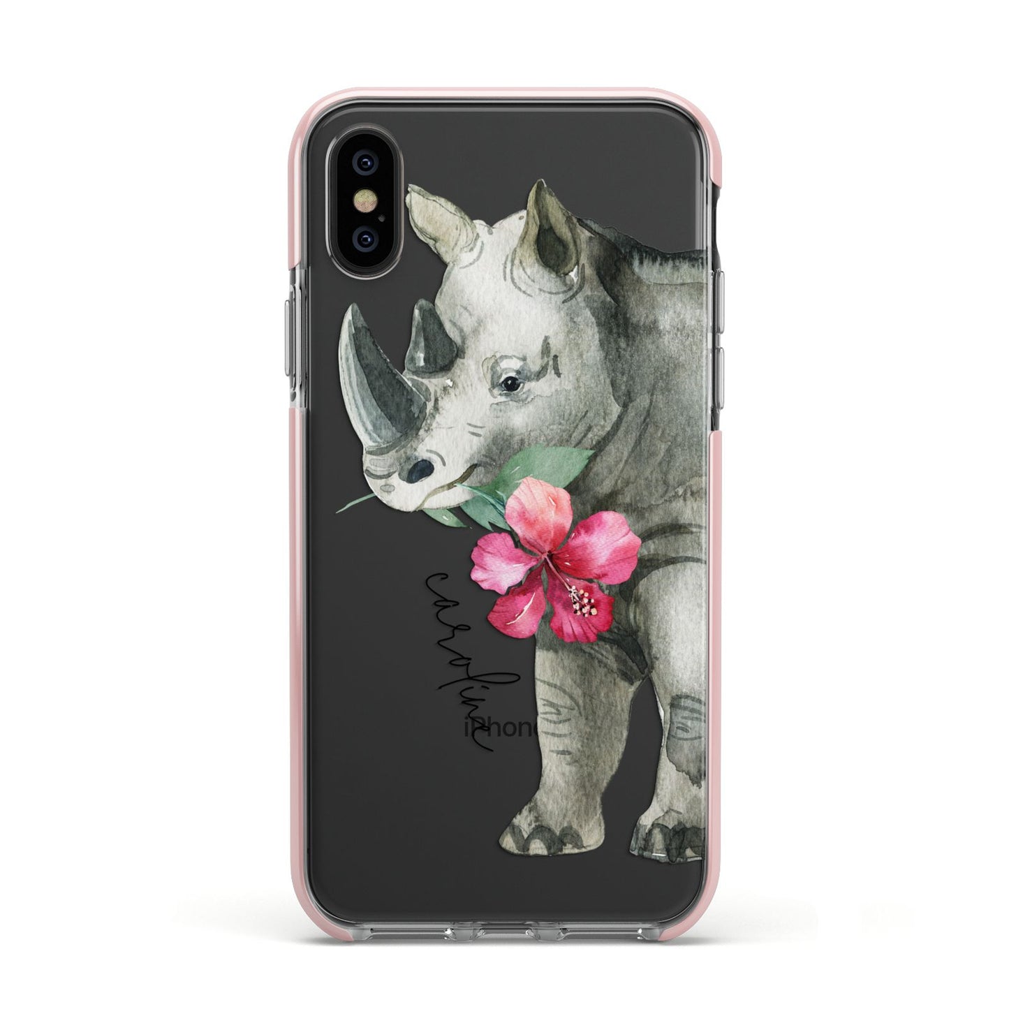 Personalised Rhinoceros Apple iPhone Xs Impact Case Pink Edge on Black Phone