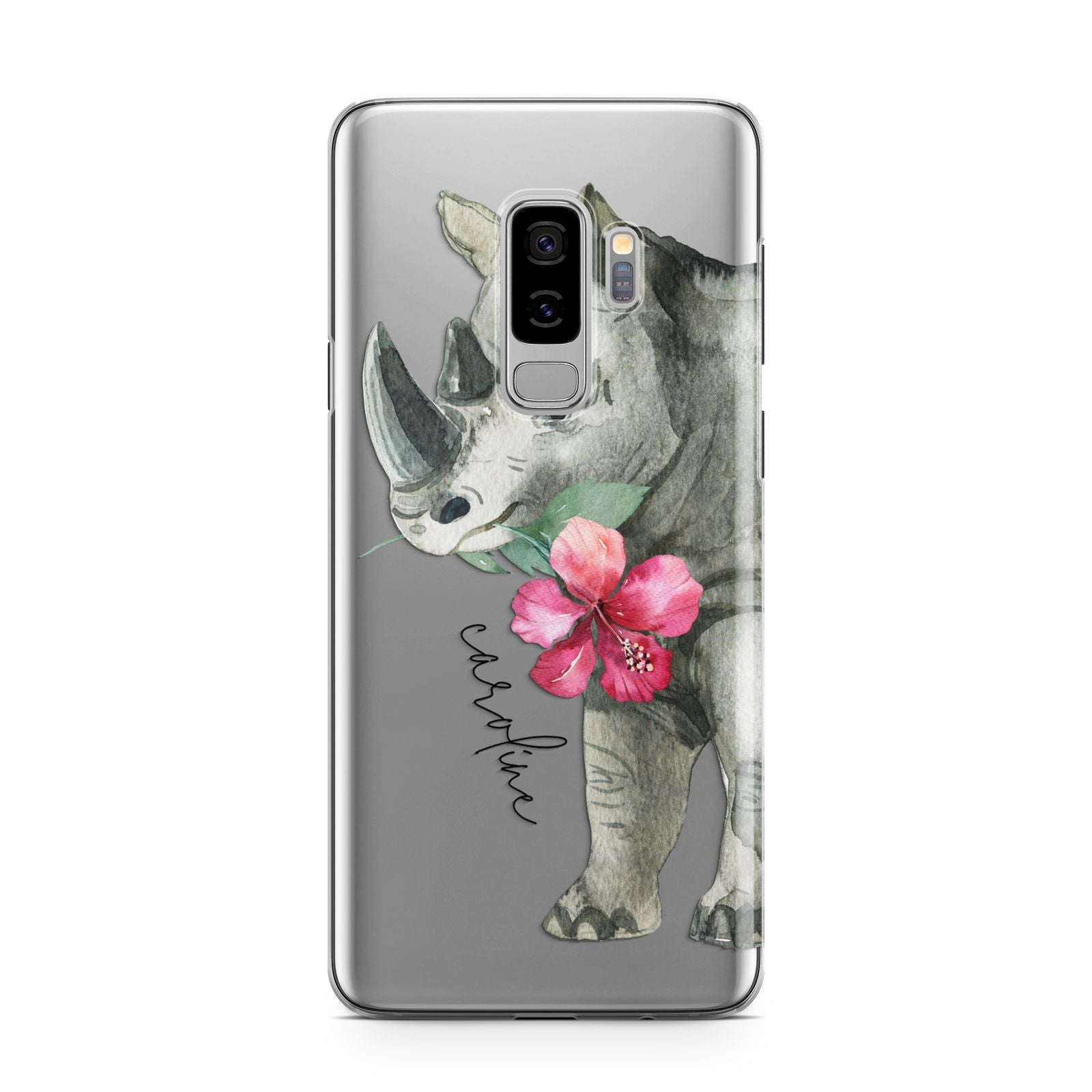 Personalised Rhinoceros Samsung Galaxy S9 Plus Case on Silver phone