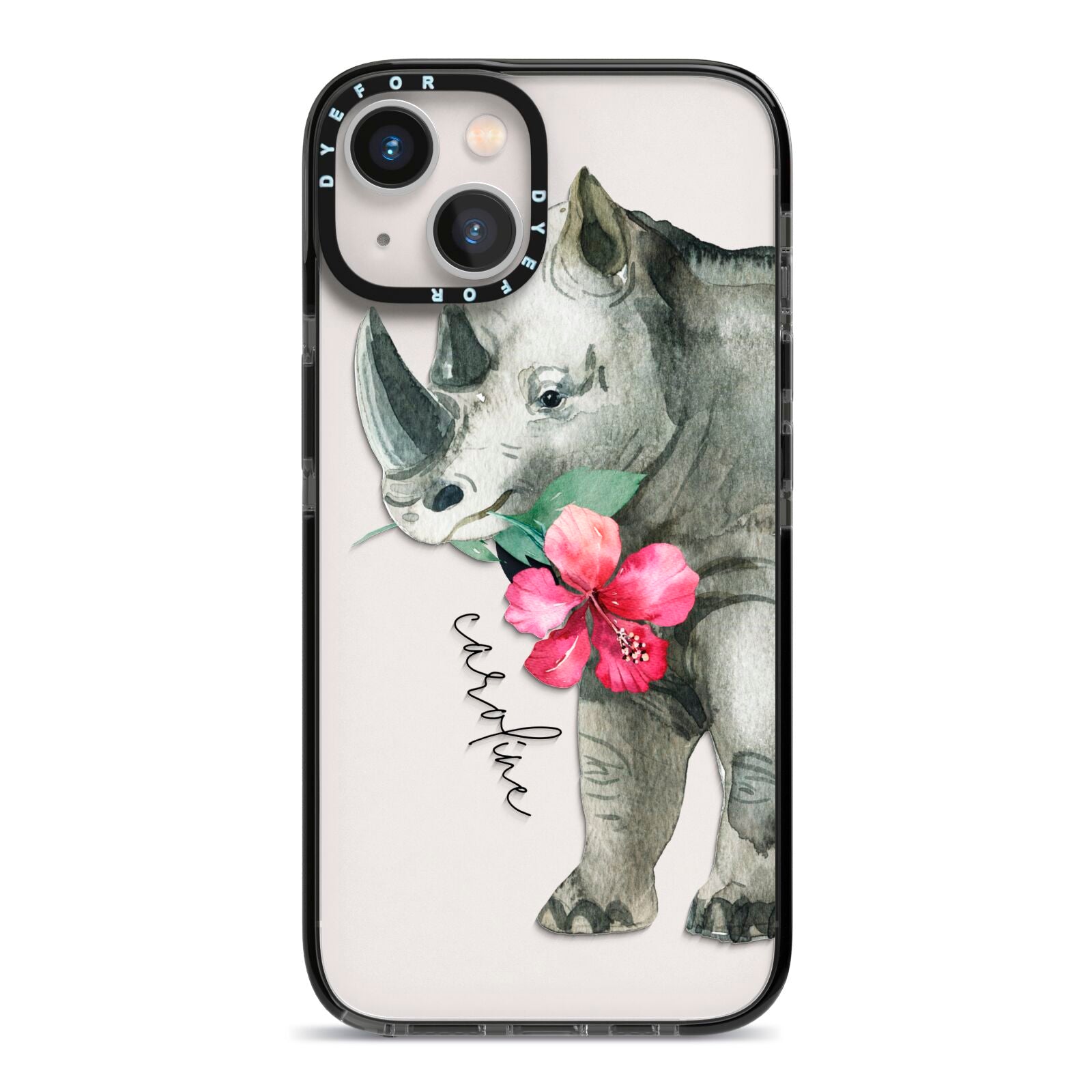 Personalised Rhinoceros iPhone 13 Black Impact Case on Silver phone