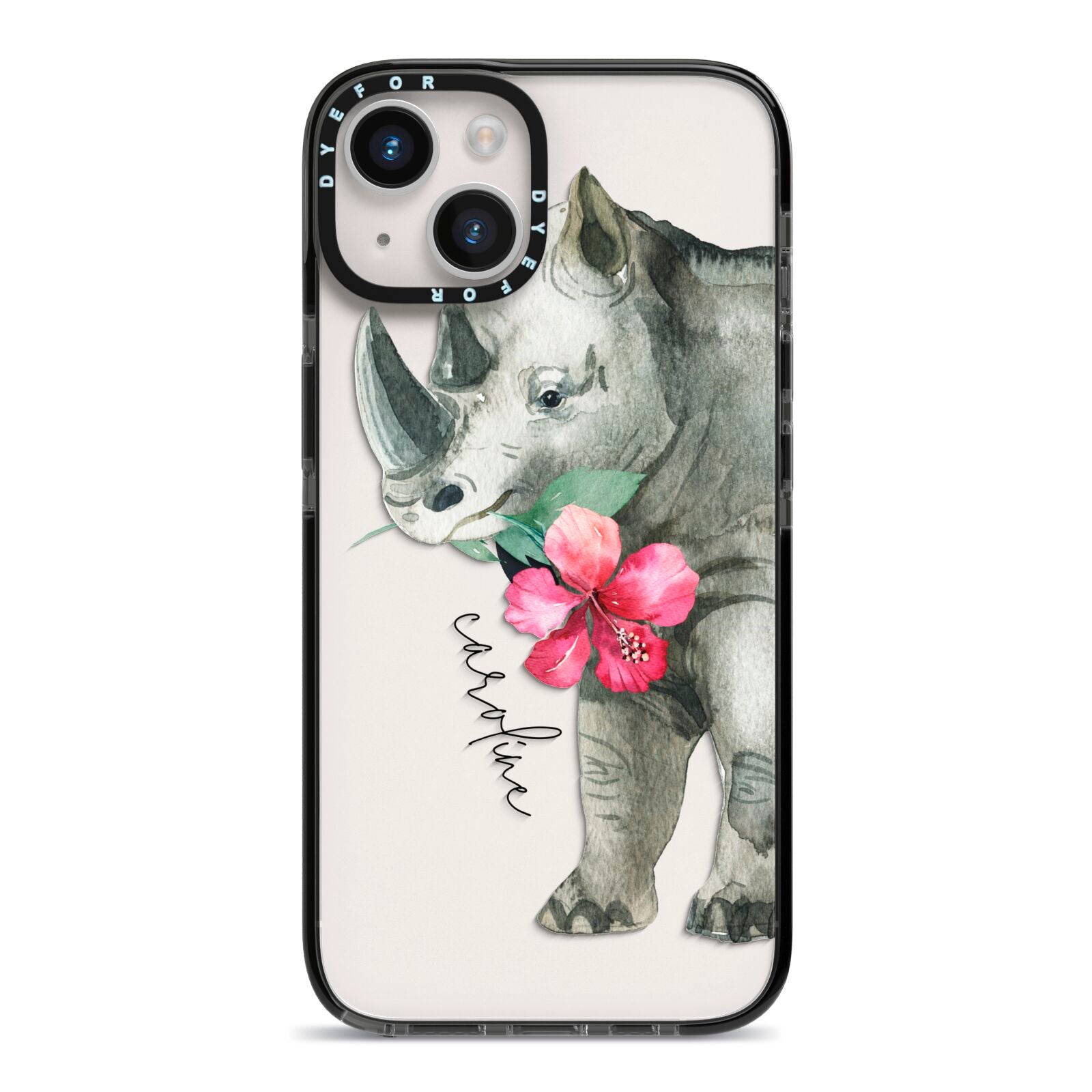 Personalised Rhinoceros iPhone 14 Black Impact Case on Silver phone