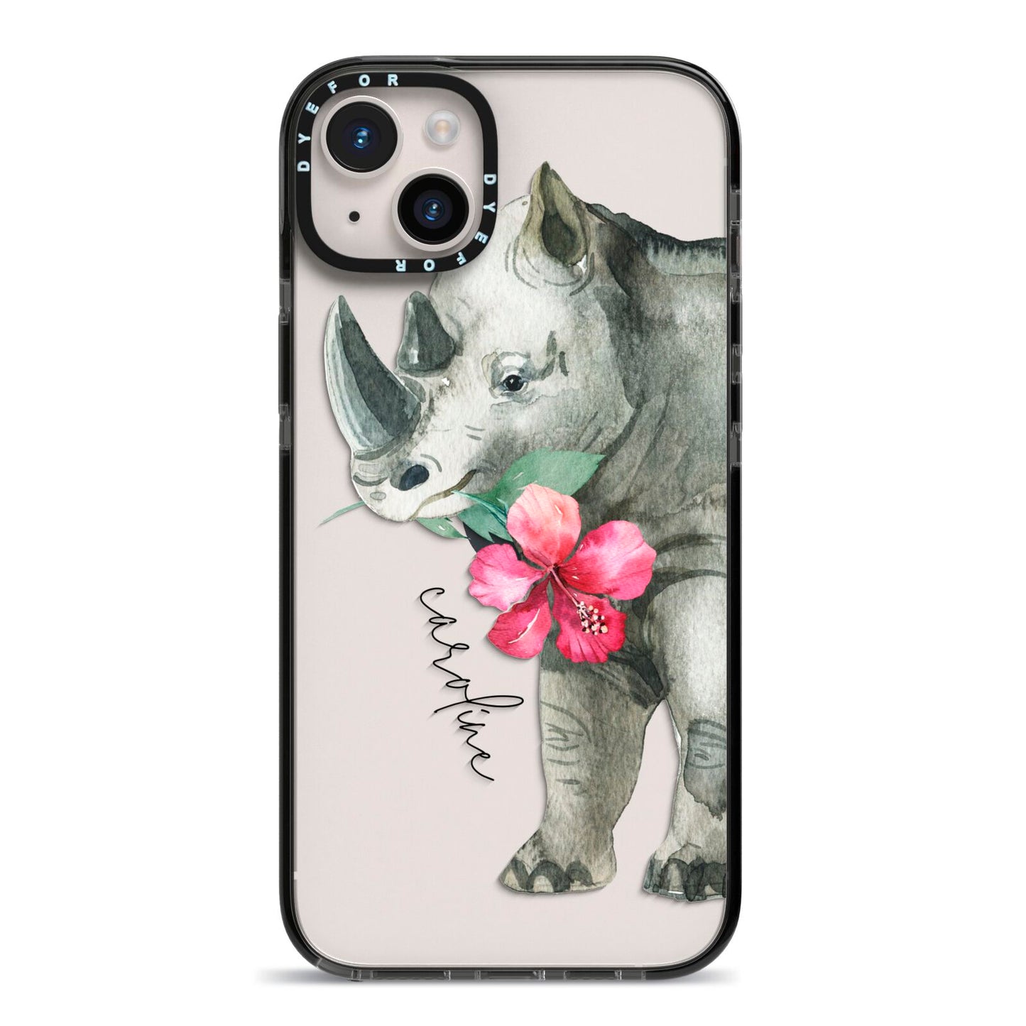 Personalised Rhinoceros iPhone 14 Plus Black Impact Case on Silver phone