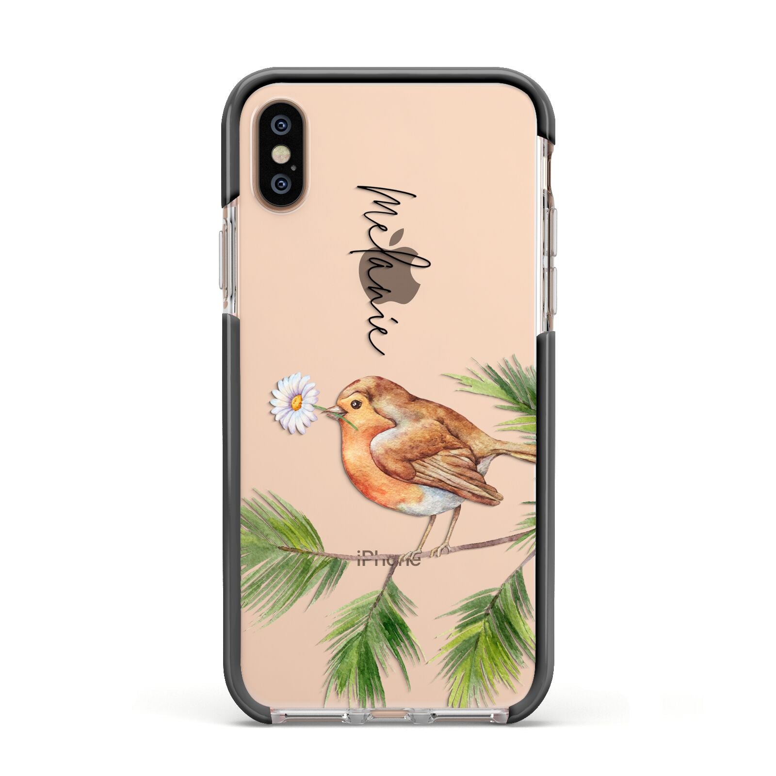 Personalised Robin Apple iPhone Xs Impact Case Black Edge on Gold Phone