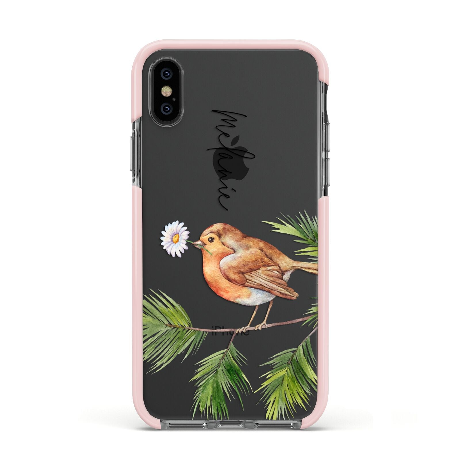 Personalised Robin Apple iPhone Xs Impact Case Pink Edge on Black Phone