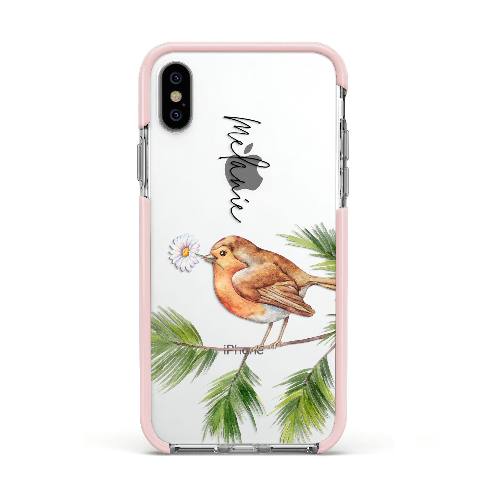 Personalised Robin Apple iPhone Xs Impact Case Pink Edge on Silver Phone