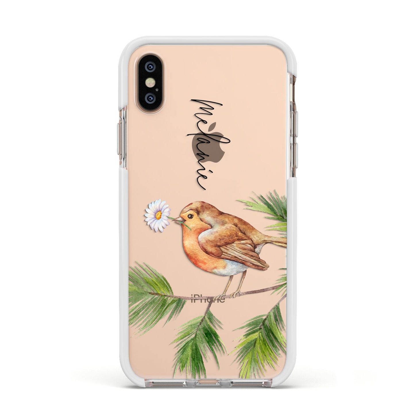 Personalised Robin Apple iPhone Xs Impact Case White Edge on Gold Phone