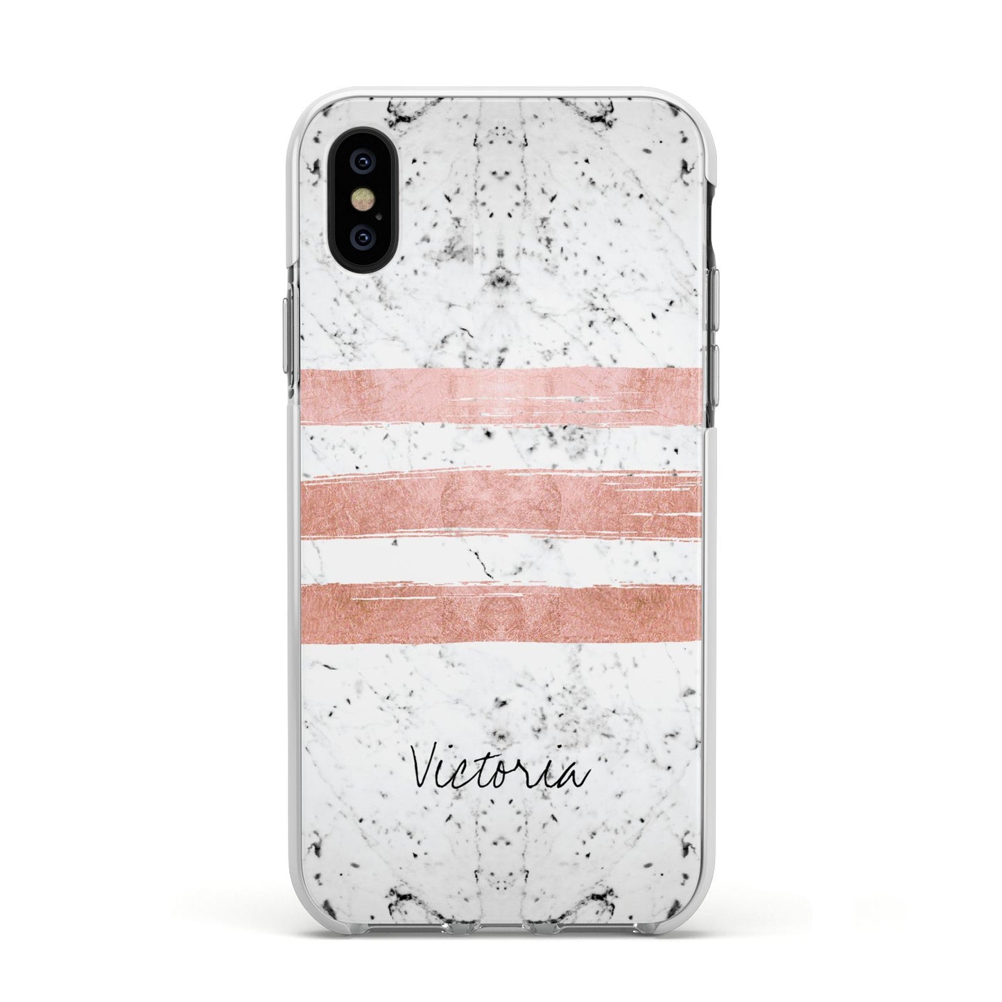 Personalised Rose Gold Brush Marble Initial Apple iPhone Xs Impact Case White Edge on Black Phone